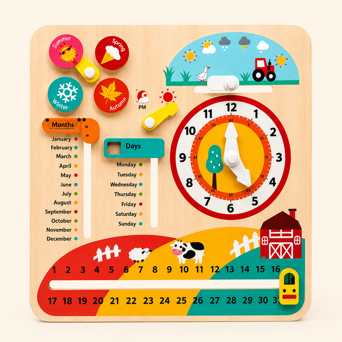 Montessori Wooden Time Learning Clock For Kids 3+, All-in-One Calendar Season Weather Educational Toy