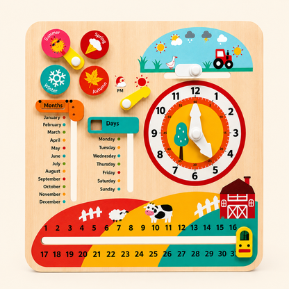 Montessori Wooden Time Learning Clock For Kids 3+, All-in-One Calendar Season Weather Educational Toy