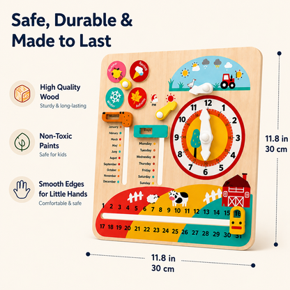 Montessori Wooden Time Learning Clock For Kids 3+, All-in-One Calendar Season Weather Educational Toy