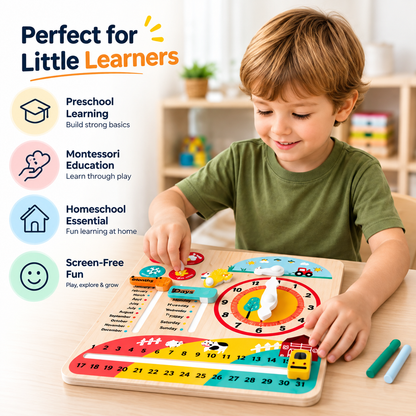 Montessori Wooden Time Learning Clock For Kids 3+, All-in-One Calendar Season Weather Educational Toy