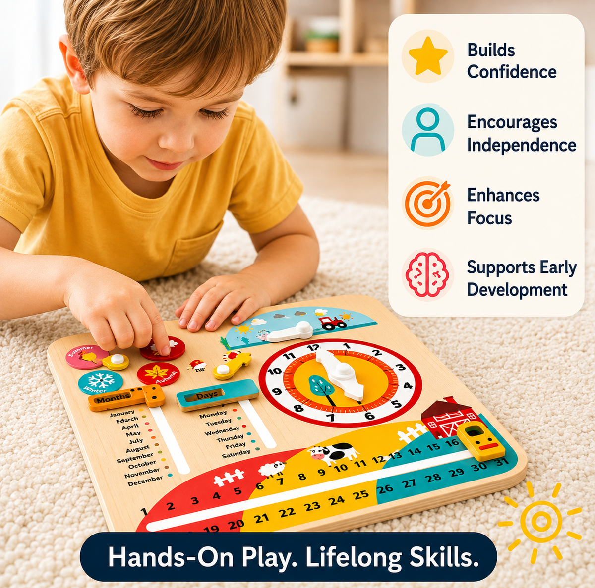 Montessori Wooden Time Learning Clock For Kids 3+, All-in-One Calendar Season Weather Educational Toy