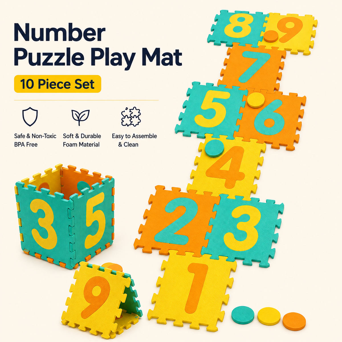 Kids Hopscotch Foam Puzzle Mat – Interlocking Number Tiles for Active Play, 71.5" x 24.5"