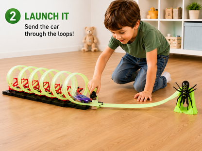 Glow-in-the-Dark Track Builder Loop Kit with Pull-Back Car – Kids 3-6 Years