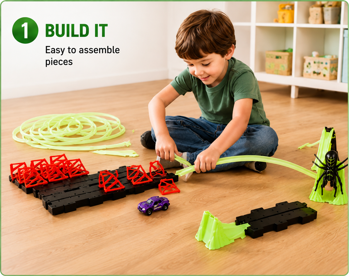 Glow-in-the-Dark Track Builder Loop Kit with Pull-Back Car – Kids 3-6 Years